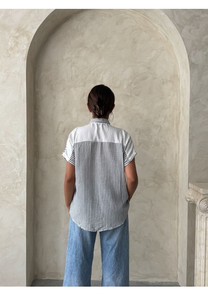 Mavi Parçalı Çizgili Gömlek 100 Keten indirimleri
