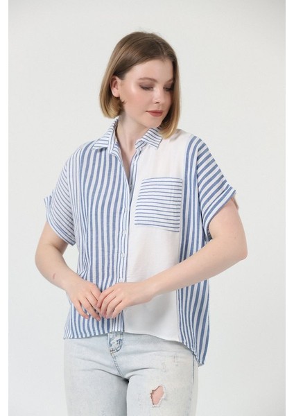 Mavi Parçalı Çizgili Gömlek 100 Keten