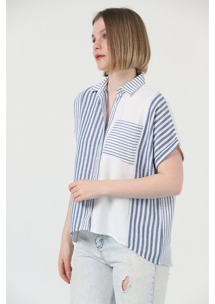 Mavi Parçalı Çizgili Gömlek 100 Keten fiyatları