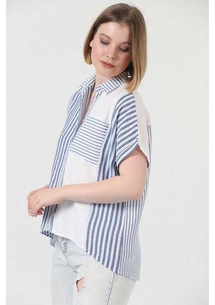 Mavi Parçalı Çizgili Gömlek 100 Keten modelleri