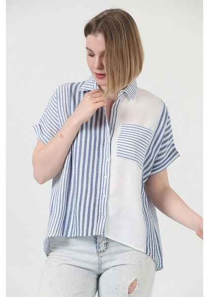 Mavi Parçalı Çizgili Gömlek 100 Keten fırsatları