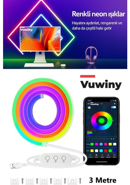 Sese Duyarlı Mobil Uygulamalı USB Neon Rgb-Ic Esnek Akıllı LED Şerit (3 Metre)