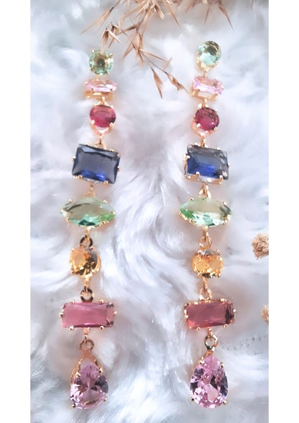 Renkli Zirkon Taşlı Gema Çelik Kaplama Küpe