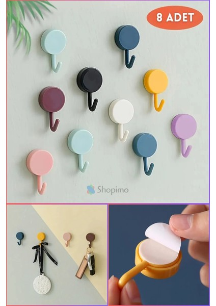 Renkli Yapışkanlı Askı Dekoratif Güçlü Yapışkanlı Duvar Askısı (8 Adet)