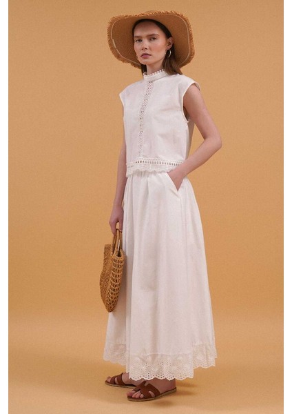 Fisto Astarlı Pamuk Yarım Fermuarlı Etek- Dantel Detay - Cepli