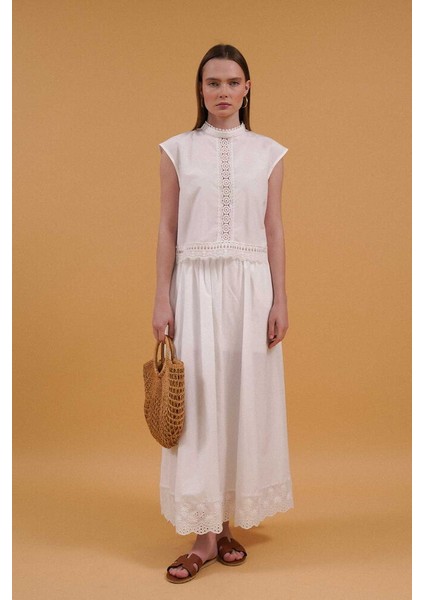 Fisto Astarlı Pamuk Yarım Fermuarlı Etek- Dantel Detay - Cepli fiyatları