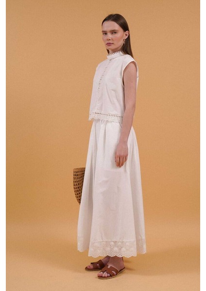 Fisto Astarlı Pamuk Yarım Fermuarlı Etek- Dantel Detay - Cepli modelleri