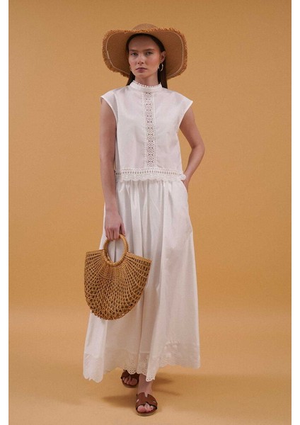 Fisto Astarlı Pamuk Yarım Fermuarlı Etek- Dantel Detay - Cepli fırsatları