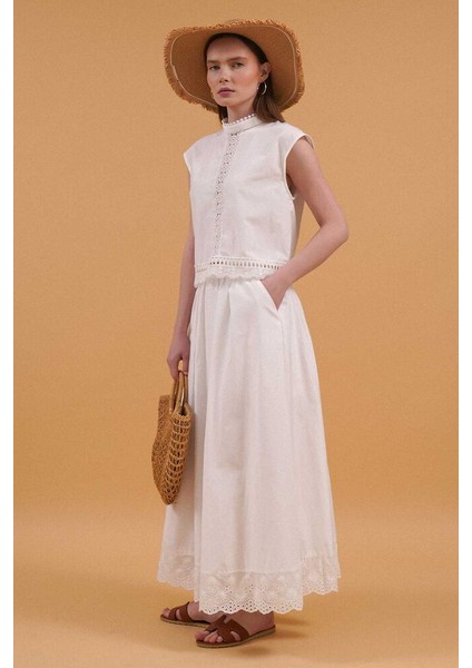 Fisto Astarlı Pamuk Yarım Fermuarlı Etek- Dantel Detay - Cepli indirimleri