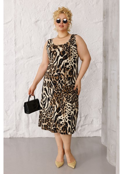 Kadın Kahve Siyah Leopar Desen Askılı Büyük Beden Elbise