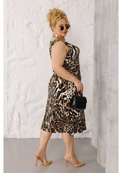 Kadın Kahve Siyah Leopar Desen Askılı Büyük Beden Elbise