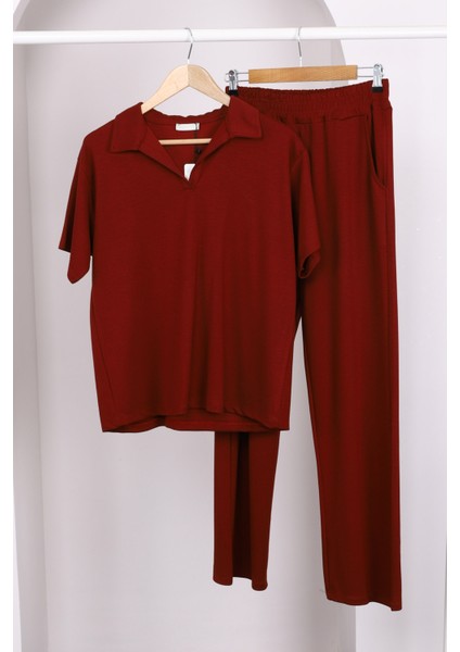 Bordo Kısa Kollu Modal Pantolonlu Takım