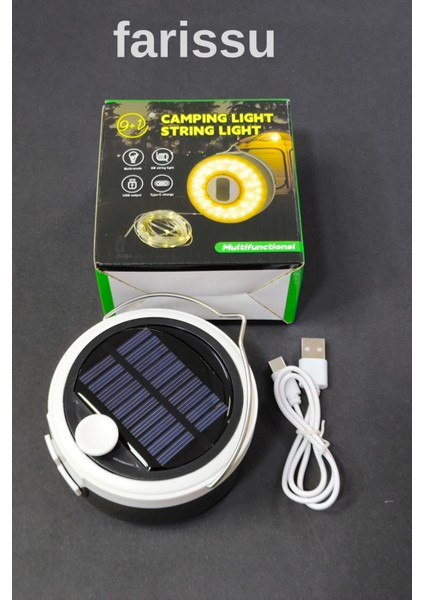 Güneş Enerjili Kamp Feneri ve 8 Metre 6 Modlu Renkli Peri LED Işık Seti | USB Şarjlı, Portatif ve Çok Fonksiyonlu