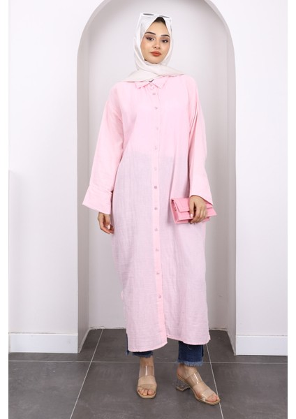 Pembe Düğmeli Müslin Tunik