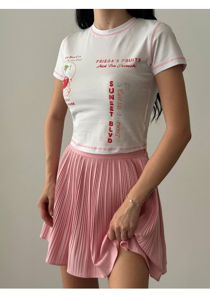 Renata Beyaz Renkli Kiraz Baskılı Kısa Kol Kadın Tshirt
