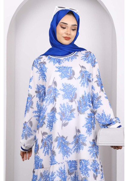 Saks Mavi Desenli Şifon Elbise modelleri
