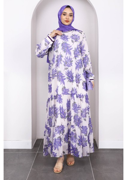 Mor Desenli Şifon Elbise fiyatları