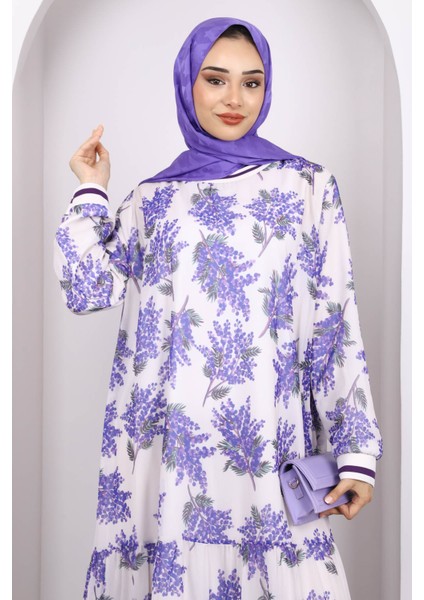 Mor Desenli Şifon Elbise modelleri