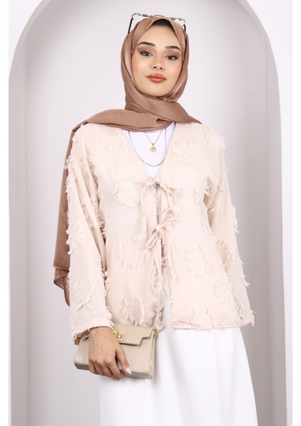 Bej Ön Bağlamalı Püsküllü Kimono modelleri