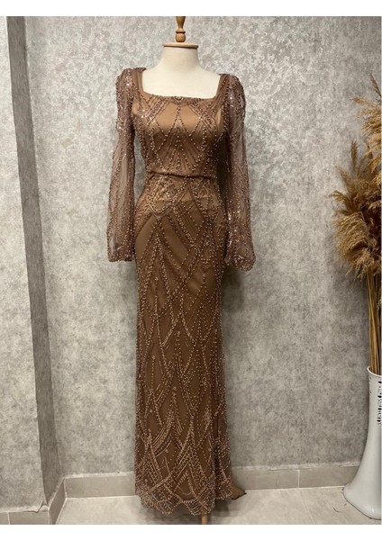25Y5186 Abiye Açık Komple Taş ve Pul Işlemeli Kare Yaka - Duman - 25Y5186 - Bronz - 42