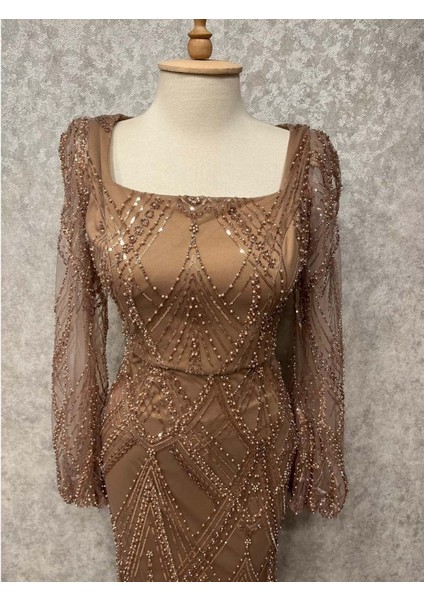 25Y5186 Abiye Açık Komple Taş ve Pul Işlemeli Kare Yaka - Duman - 25Y5186 - Bronz - 42 fiyatları