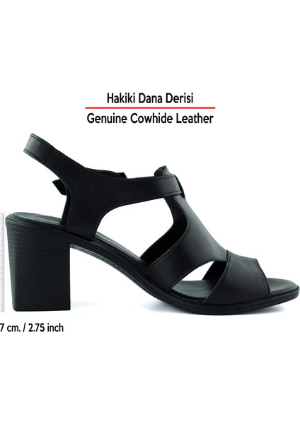 Svajone Siyah Hakiki Dana Derisi Kesik Detaylı Tokalı Kalın Topuklu Rahat Günlük Sandalet fiyatları