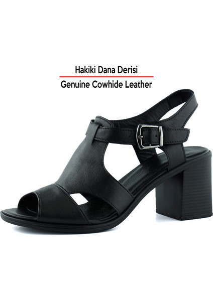 Svajone Siyah Hakiki Dana Derisi Kesik Detaylı Tokalı Kalın Topuklu Rahat Günlük Sandalet fırsatları