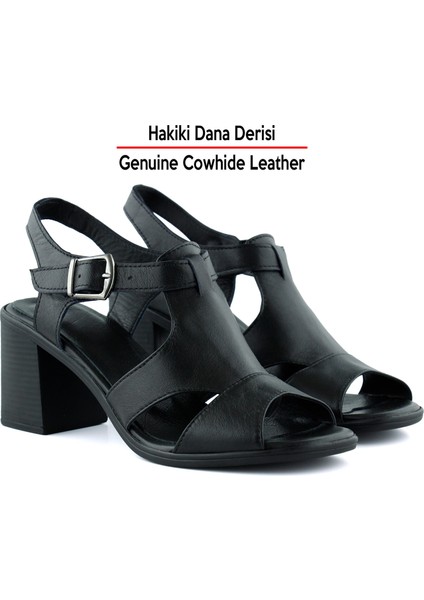 Svajone Siyah Hakiki Dana Derisi Kesik Detaylı Tokalı Kalın Topuklu Rahat Günlük Sandalet indirimleri