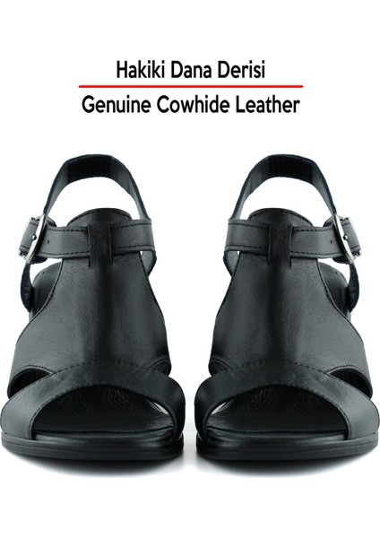 Svajone Siyah Hakiki Dana Derisi Kesik Detaylı Tokalı Kalın Topuklu Rahat Günlük Sandalet