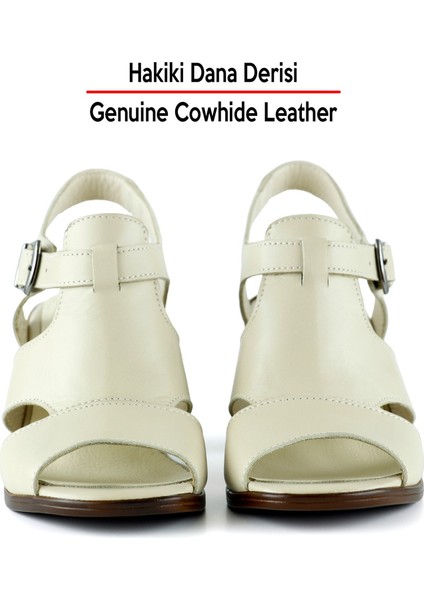 Svajone Bej Hakiki Deri Kesik Detaylı Tokalı Topuklu Sandalet