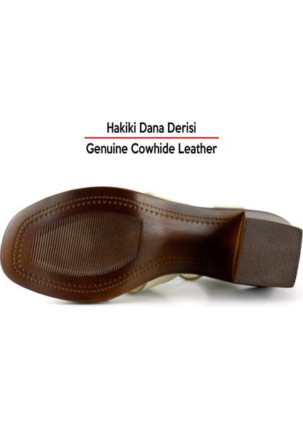 Svajone Bej Hakiki Deri Kesik Detaylı Tokalı Topuklu Sandalet