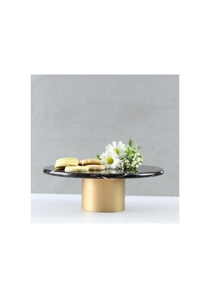 Akayev Mermer 25 cm Metal Ayaklı Siyah Yuvarlak Sunum Tabağı