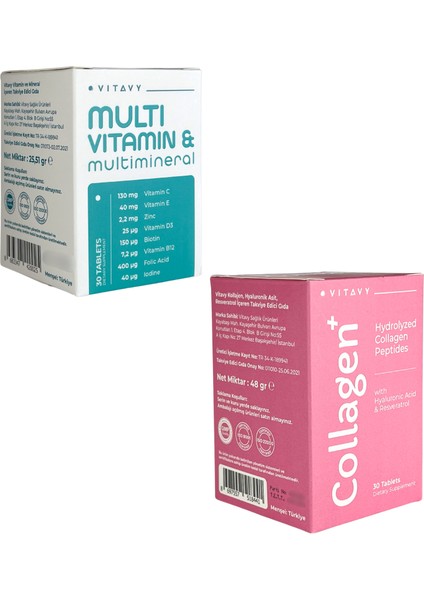 Collagen & Hyaluronic Acid & Resveratrol (1X30 Tablet) ve Multivitamin & Multimineral (1X30 Tablet)