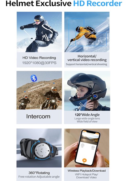 Intercom Motorcu Kask Kulaklık Bluetooth 1080P Kamera Kayıt 32GB Hafıza Kart Hediye Interkom Ipx6