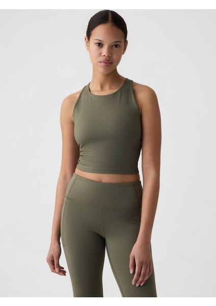 Kadın Haki Halter Yaka Crop Spor Üst