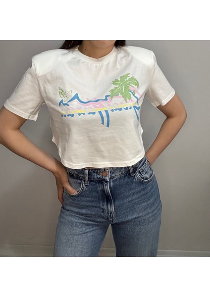 Hawaii Ekru Yazı Baskılı Vatkalı Crop Kadın Tshirt fiyatları