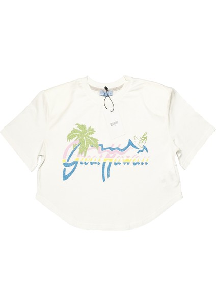 Hawaii Ekru Yazı Baskılı Vatkalı Crop Kadın Tshirt modelleri