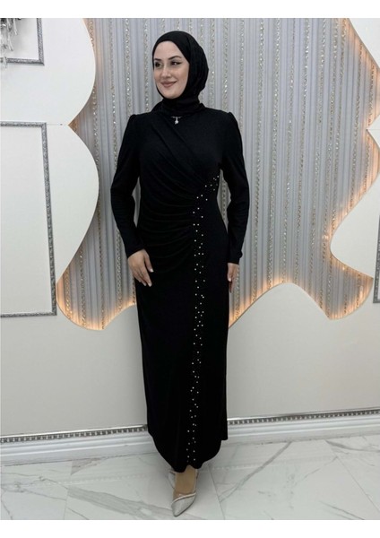 25Y4757 Abiye Full Simli Taşlı Drapei - Tane - 25Y4757 - Siyah - 48