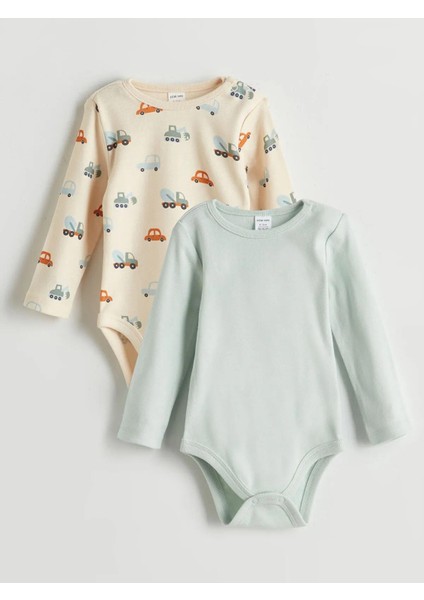 Lcw Baby Bisiklet Yaka Baskılı Erkek Bebek Çıtçıtlı Bodysuit 2'li (W5)