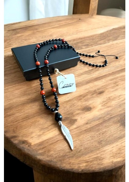 6 mm Hakiki Oniks & 8 Mmm Kırmızı Jasper Doğaltaş Uzun Erkek Kolyesi 70-80 cm