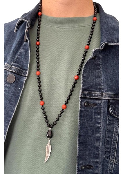 6 mm Hakiki Oniks & 8 Mmm Kırmızı Jasper Doğaltaş Uzun Erkek Kolyesi 70-80 cm fiyatları