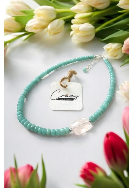 6 mm Hakiki Amazonit & Pembe Kuvars Doğaltaşlı 925 Ayar Gümüş Malzemeli 40+5 cm Kadın Kolye