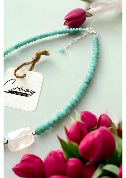 6 mm Hakiki Amazonit & Pembe Kuvars Doğaltaşlı 925 Ayar Gümüş Malzemeli 40+5 cm Kadın Kolye fiyatları