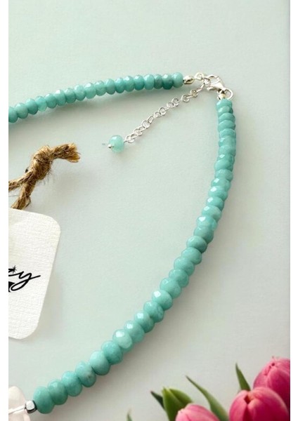 6 mm Hakiki Amazonit & Pembe Kuvars Doğaltaşlı 925 Ayar Gümüş Malzemeli 40+5 cm Kadın Kolye modelleri