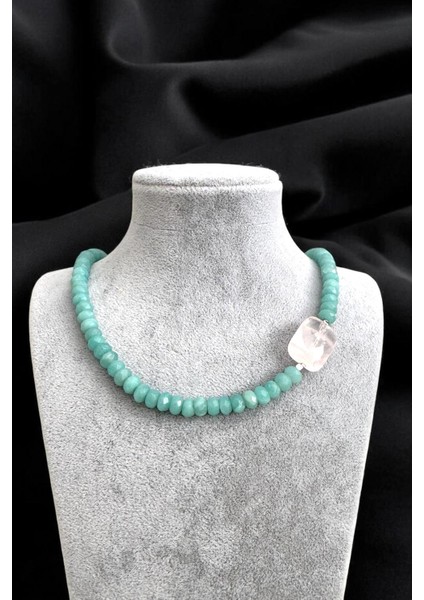 6 mm Hakiki Amazonit & Pembe Kuvars Doğaltaşlı 925 Ayar Gümüş Malzemeli 40+5 cm Kadın Kolye fırsatları