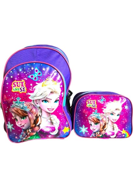 Kız Çocuk Elsa Baskılı 2 Bölmeli Ilkokul Çantası Seti
