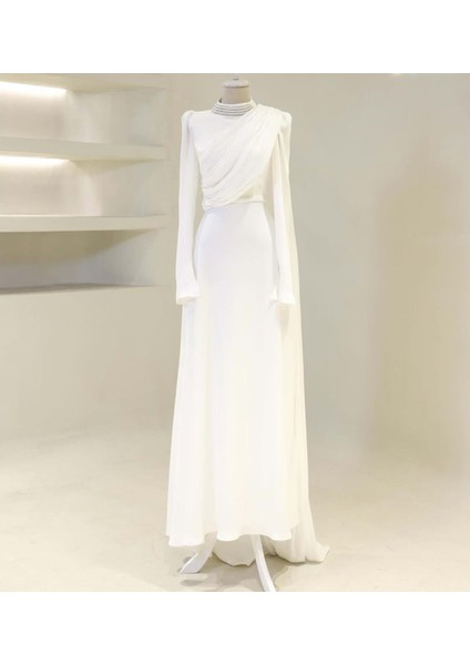 25Y4988 Hennin Abiye Elbise Yaka Inci Taş Detaylı Tek Omuz Pelerinli - Hennin - 25Y4988 - Beyaz - 40