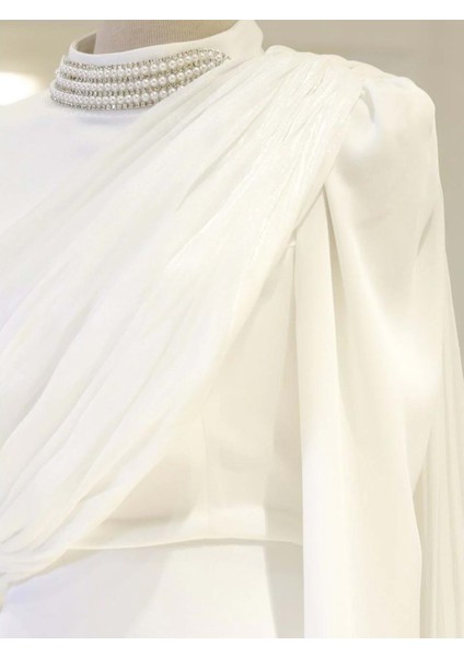 25Y4988 Hennin Abiye Elbise Yaka Inci Taş Detaylı Tek Omuz Pelerinli - Hennin - 25Y4988 - Beyaz - 40 modelleri