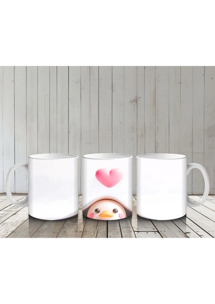 Pembe Kalpli Fon Üzerinden Bakan Sevimli Civciv - Baskılı Kahve Kupası indirimleri