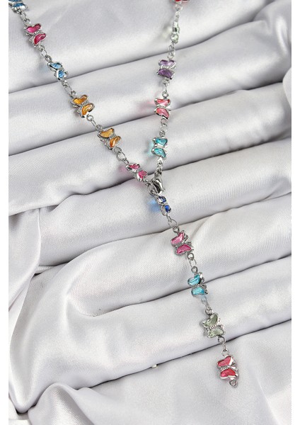 Pirinç Renkli Zirkon Taşlı Kelebek Model Gümüş Renk Kadın Y Kolye